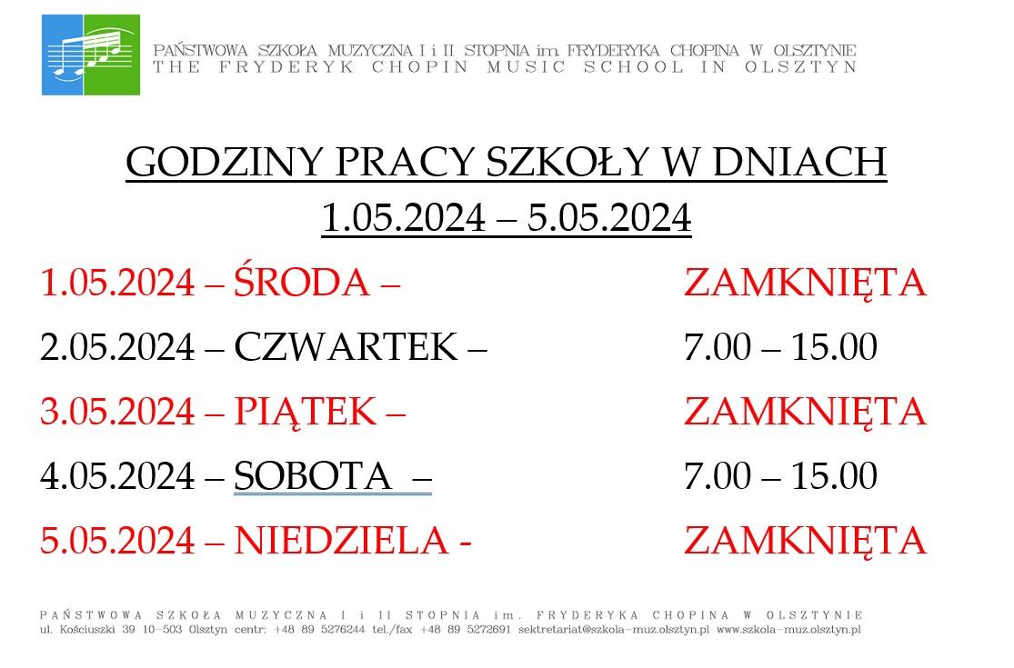 Godziny pracy szkoły w majówkę