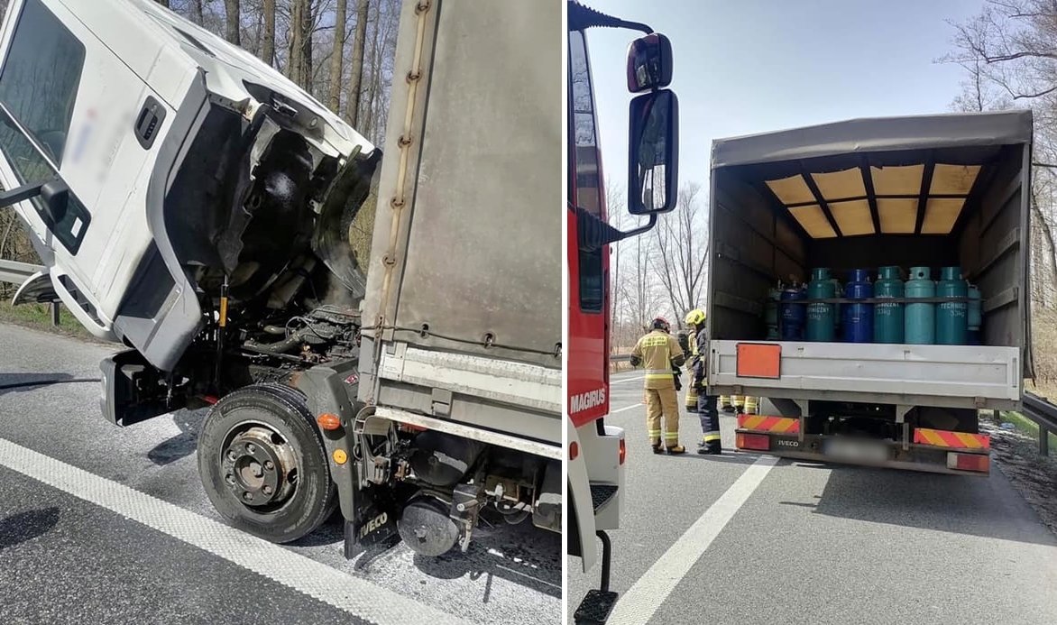 14 kwietnia 2022 roku w miejscowości Jagodne (gm. Kotuń) doszło do pożaru w przedziale silnikowym samochodu ciężarowego, który przewoził butle z gazem propan-butan, fot. OSP Broszków.