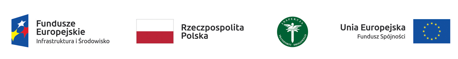 Logo Funduszy Europejskich Infrastruktura i Środowisko, flaga Rzeczpospolitej Polskiej, logo Inspekcji Transportu Drogowego, logo Unii Europejskiej Funduszu Spójności