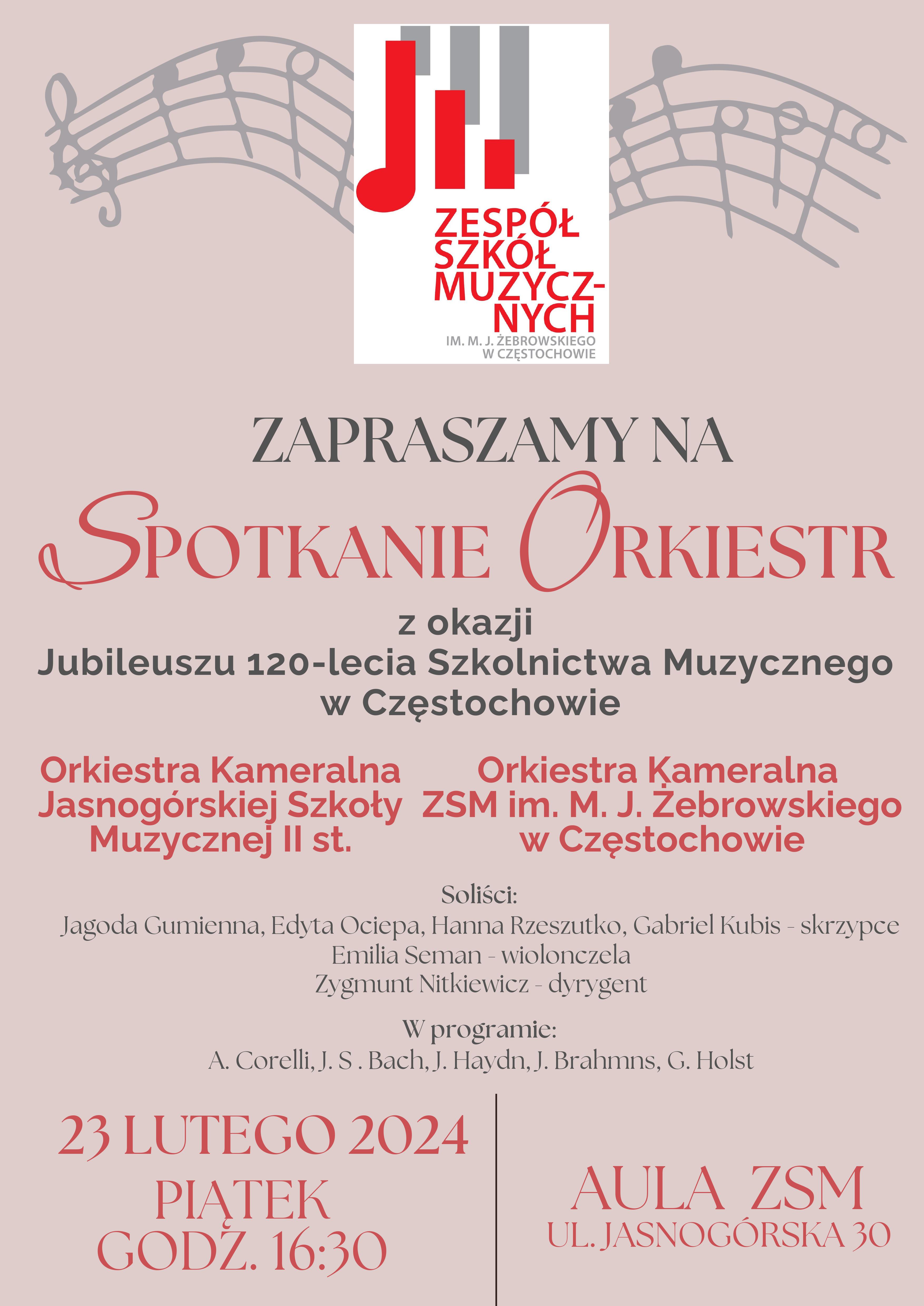 Beżowe tło, u góry logo szkoły, informacje dotyczące koncertu orkiestry Kameralnej ZSM i JOSM, 23 lutego 2024 o godz. 16.30 w auli ZSM