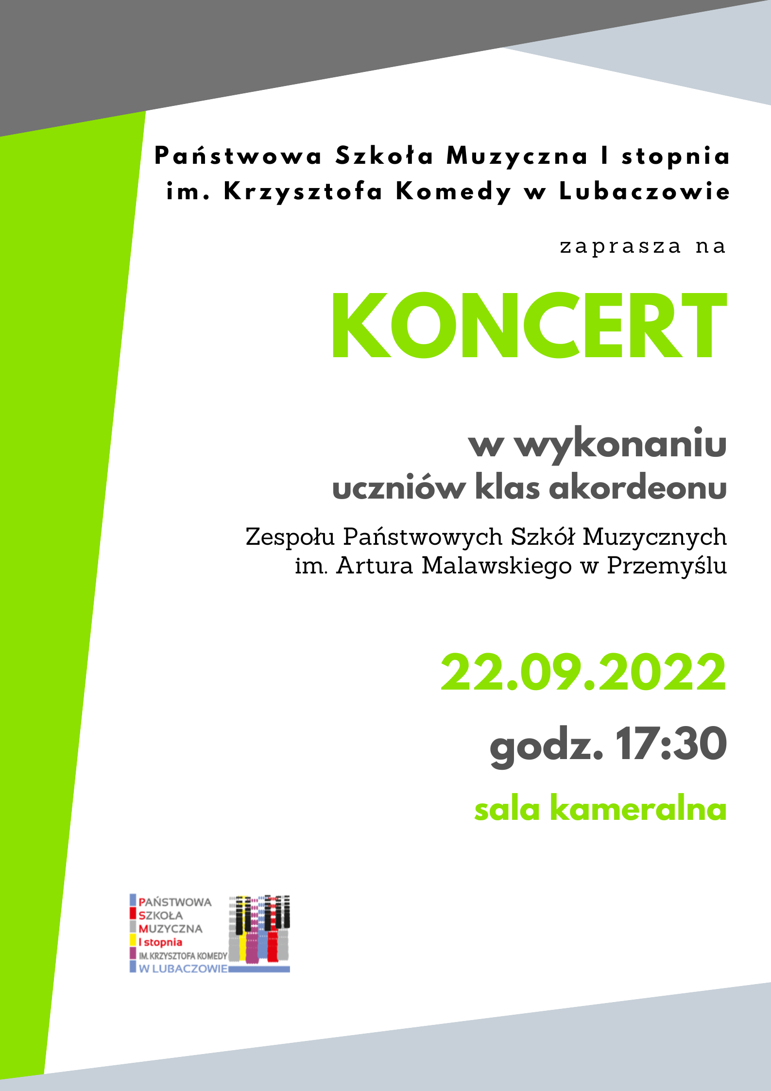 Biały plakat z szaro zielonymi elementami informujący o koncercie w wykonaniu uczniów klas akordeonu ZPSM w Przemyślu w dniu 22.09.2022 o godz. 17:30