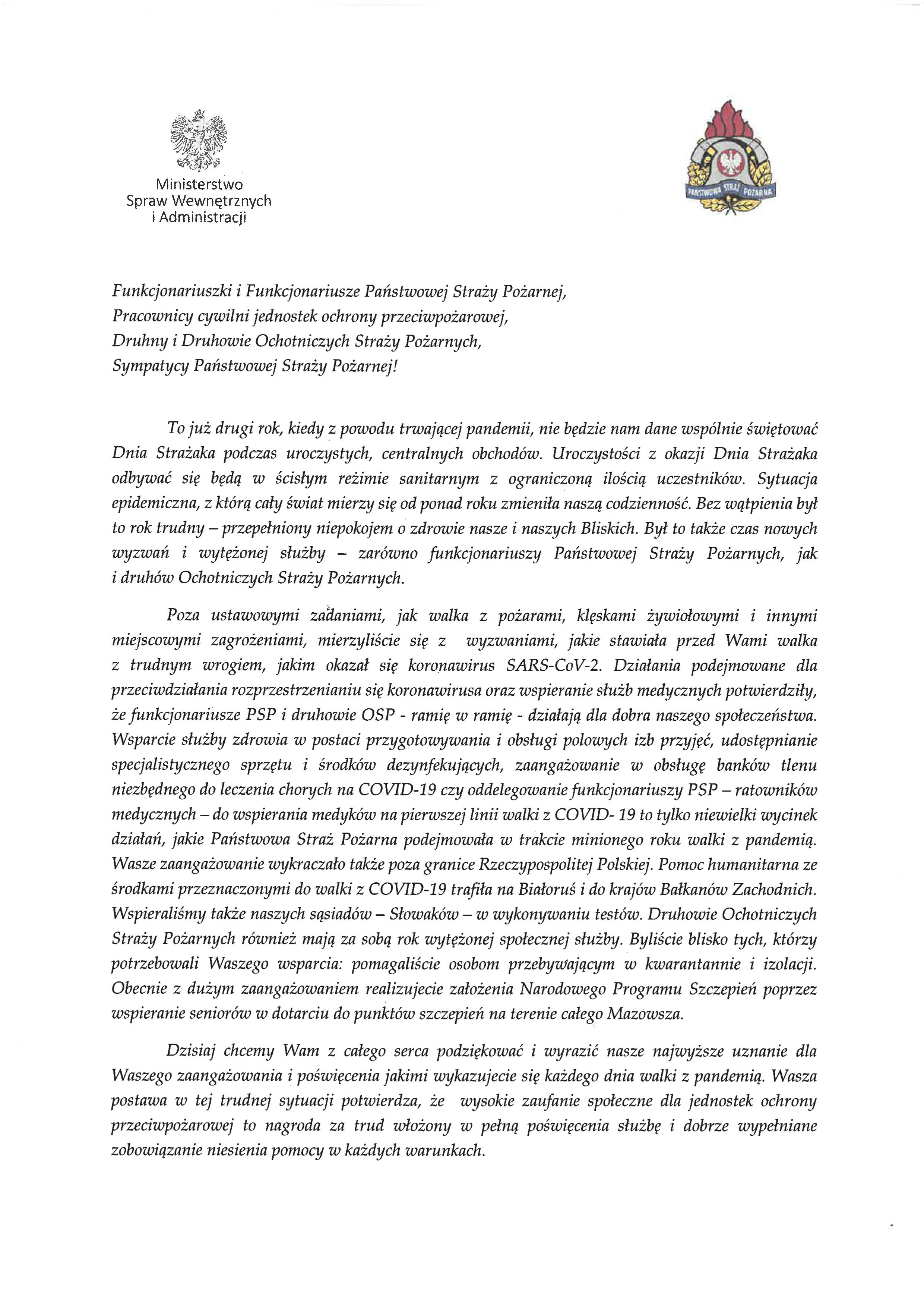 List z okazji Dnia Strażaka