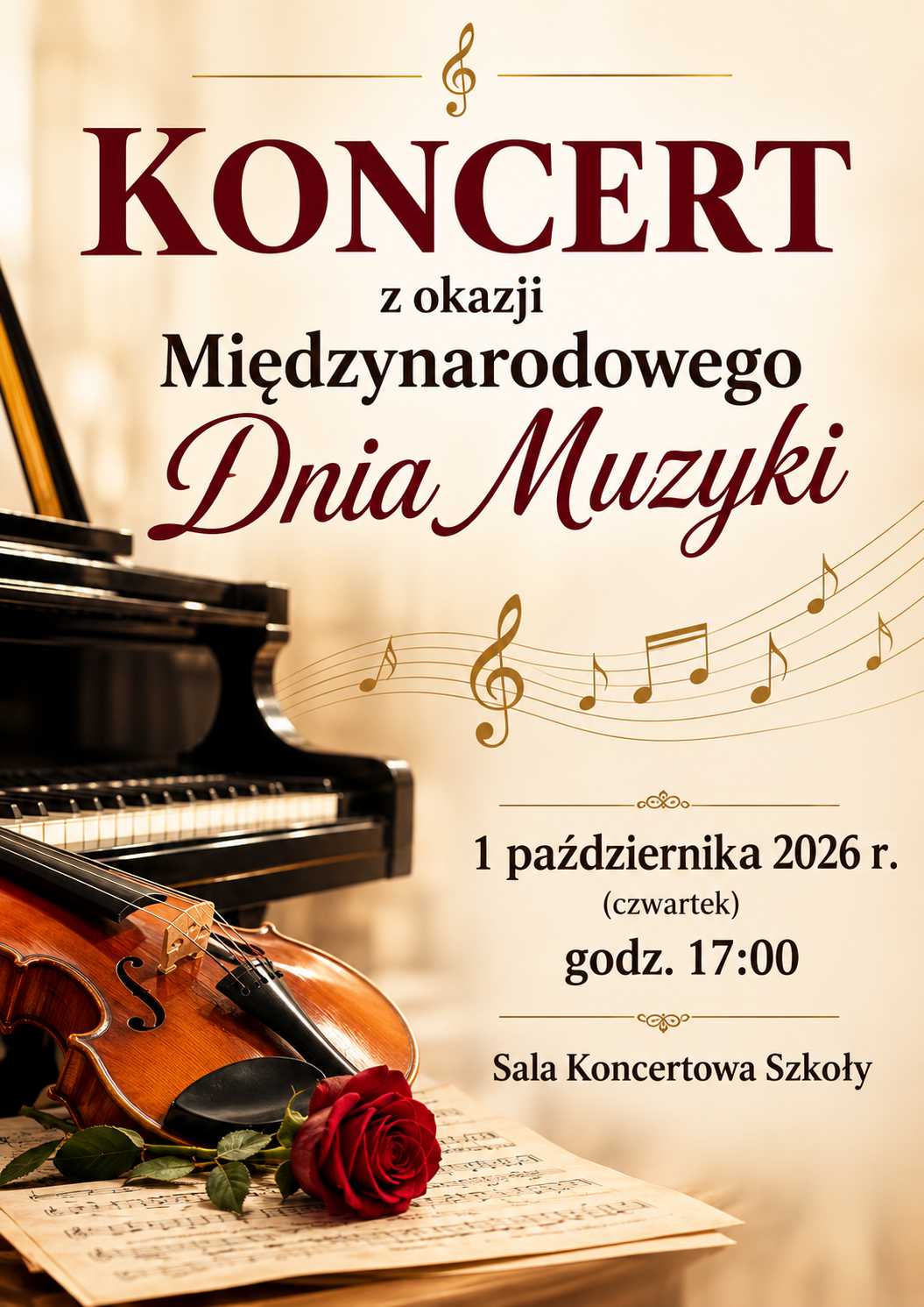 Plakat koncertu z okazji Międzynarodowego Dnia Muzyki 1.10.2026. w tle fortepian, skrzypce, róża, nuty. Tło brązowe