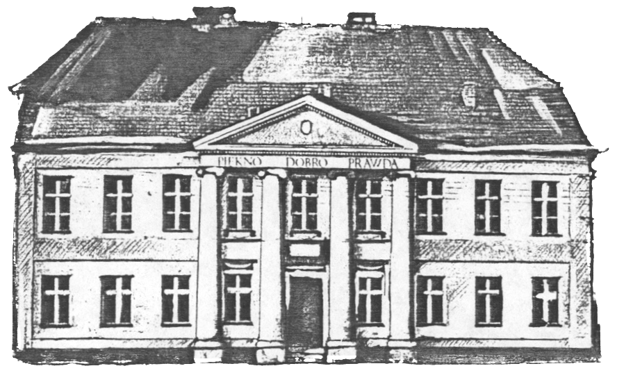 Rysunek przedstawia szkic frontu budynku szkoły. Budynek jest piętrowy. Na środku rozmieszczone są cztery kolumny, na parterze rozdzielone drzwiami głównymi a na piętrze rozdzielone oknami.