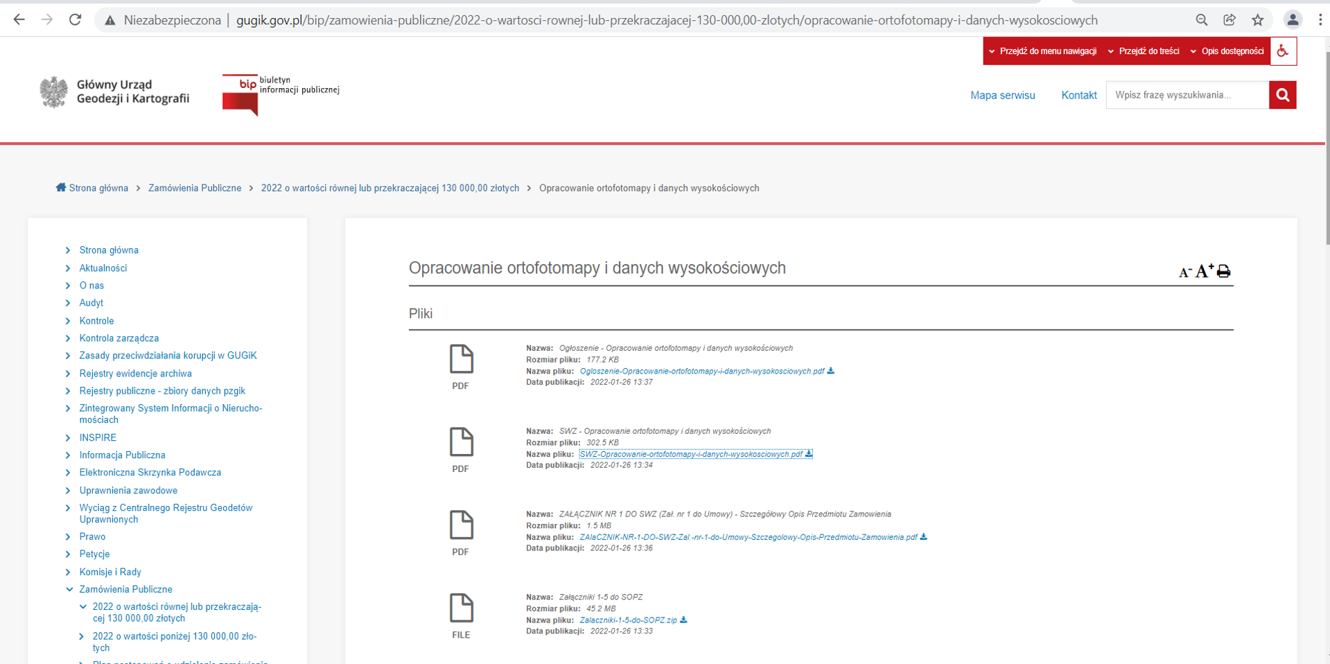 Ilustracja przedstawia zrzut z serwisu BIP GUGIK prezentujący ogłoszony przetarg na opracowanie ortofotomapy i danych wysokościowych.