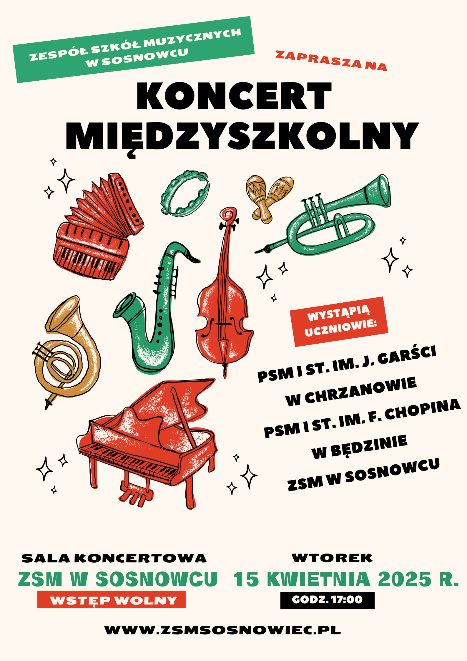 plakat na kremowym tle, na środku ikony instrumentów, na dole informacje o szczegółach koncertu