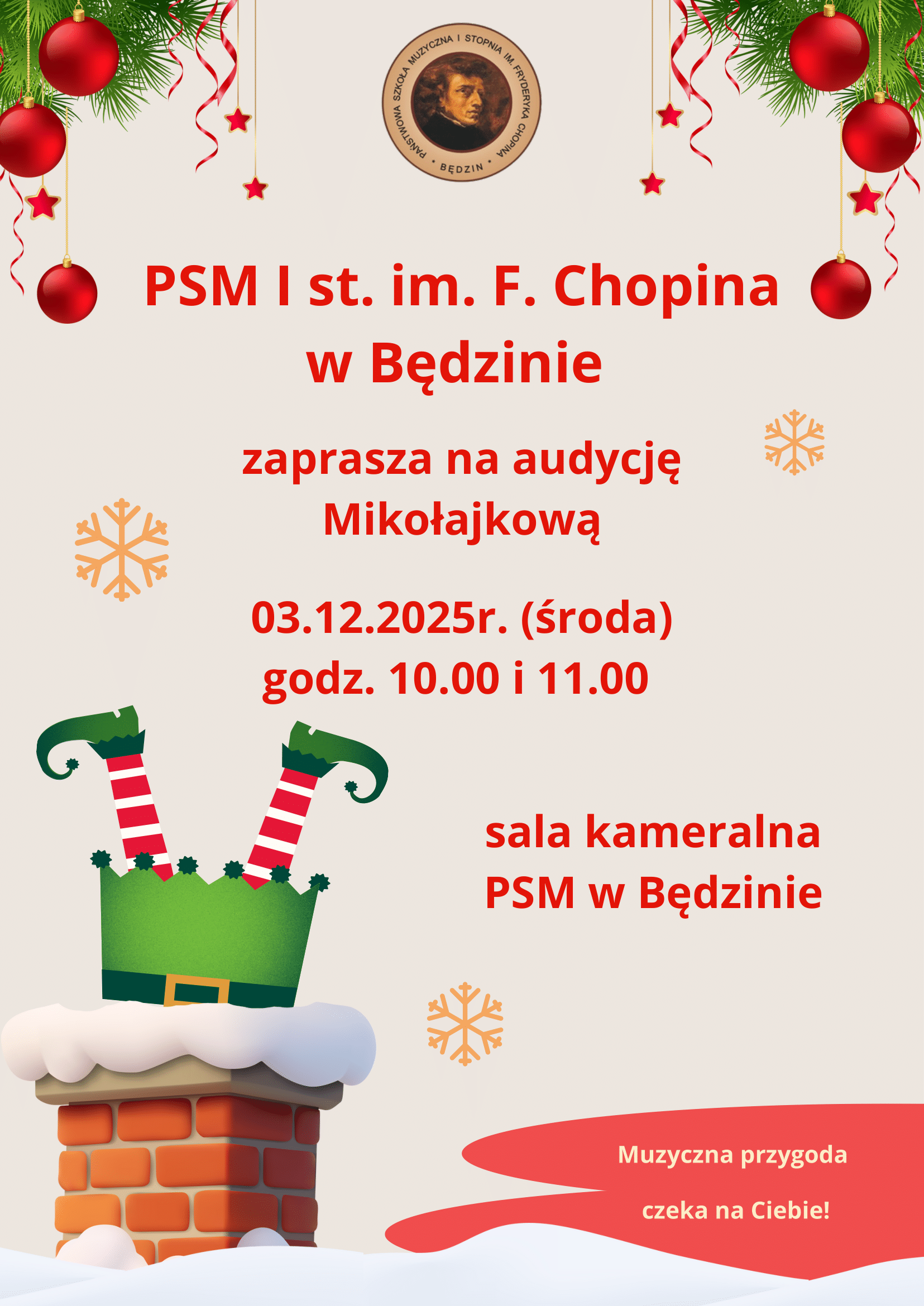 plakat na różowym tle, na środku opisy, od góry logo szkoły i ikony świątecznego stroika