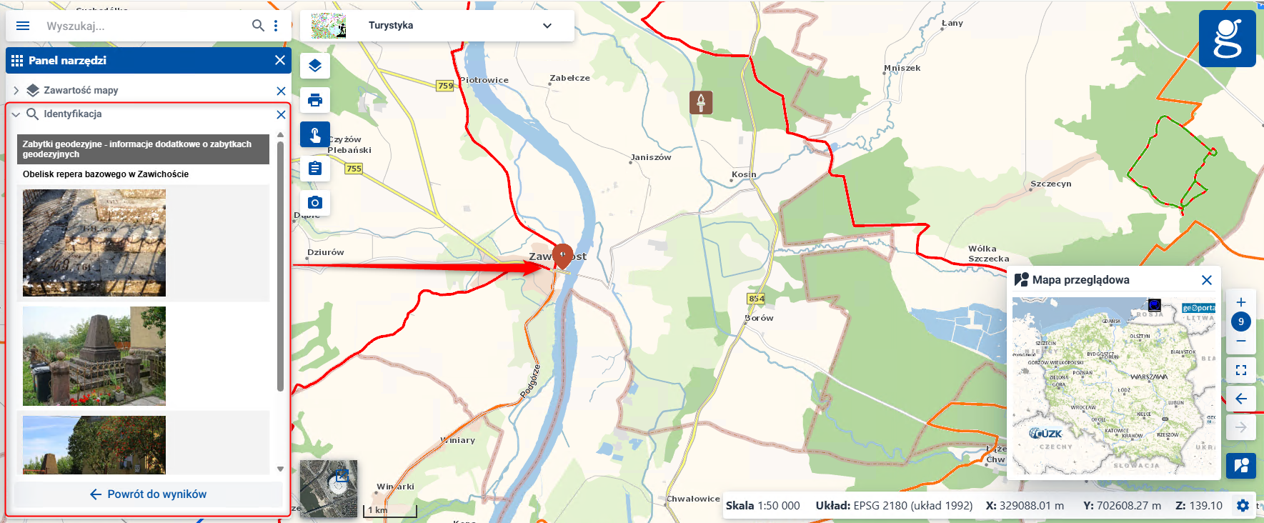 Ilustracja przedstawia opis i zdjęcie zabytku geodezyjnego