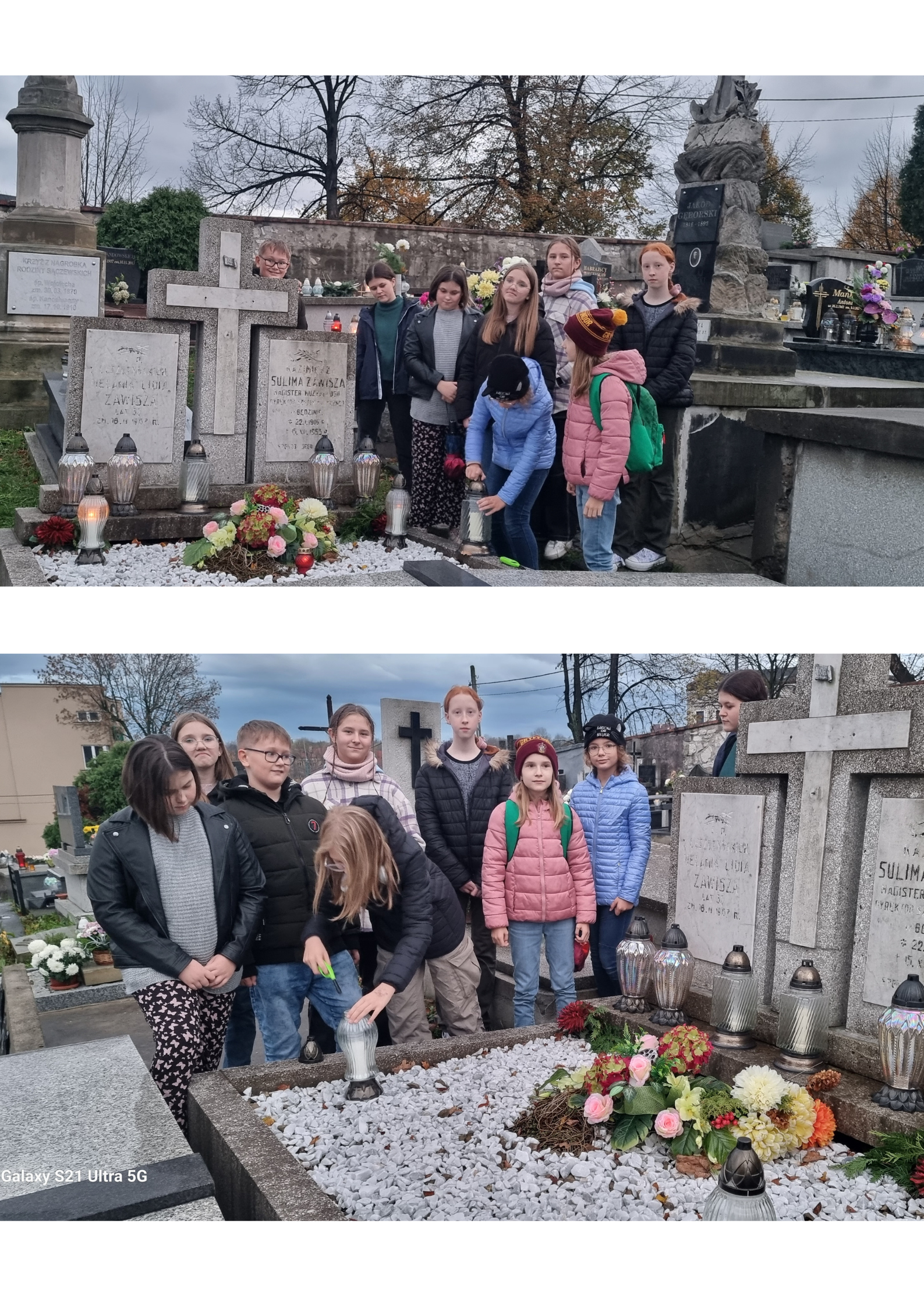 zdjęcia dzieci przed grobem pierwszego dyrektora szkoły Zawiszy