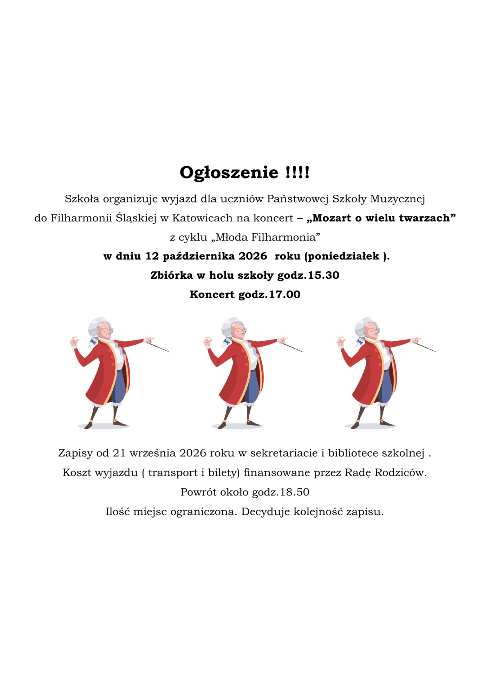 plakat na białym tle, na środku opis wydarzenia, wraz z ikonami dyrygentów
