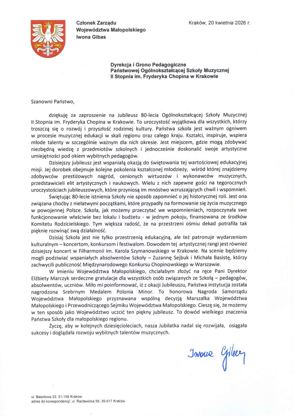 p. Iwona Gibas - Członek Zarządu Województwa Małopolskiego