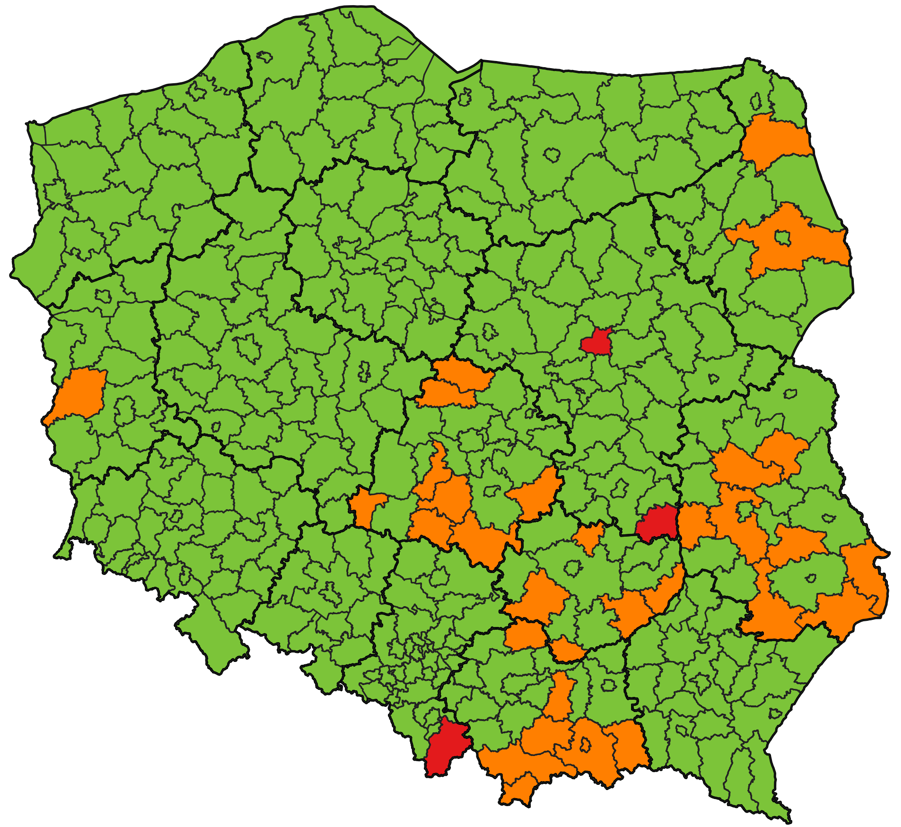 mapa przedstawiająca informacje udostępniane za pomocą usług sieciowych WMS i WFS (z operatu ewidencyjnego - kolor zielony, wyjaśnienia WINGIK - kolor pomarańczowy, kolor czerwony dane z innego źródła)