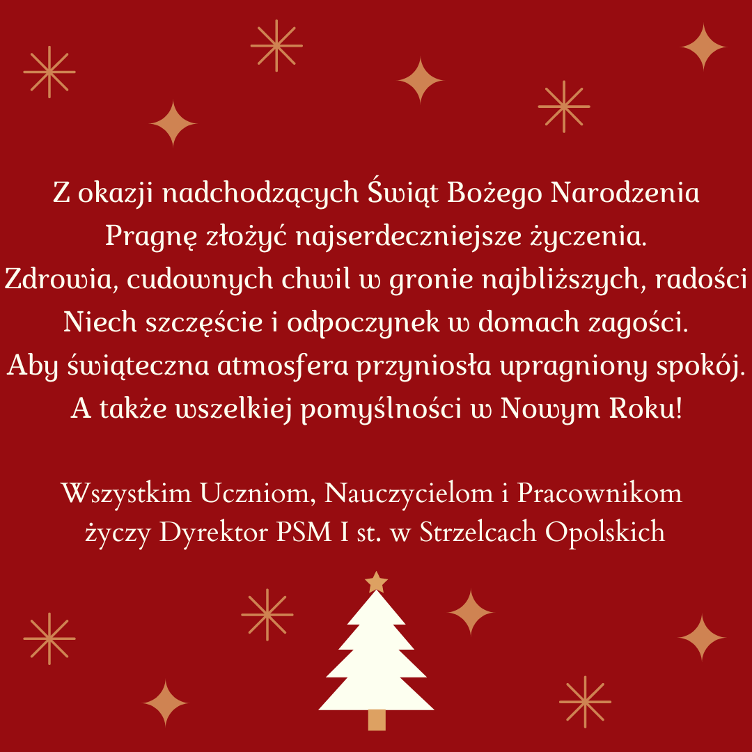 Czerwone tło. Na górze i na dole strony złote gwiazdki. Na dole biała choinka. Na środku życzenia świąteczne.