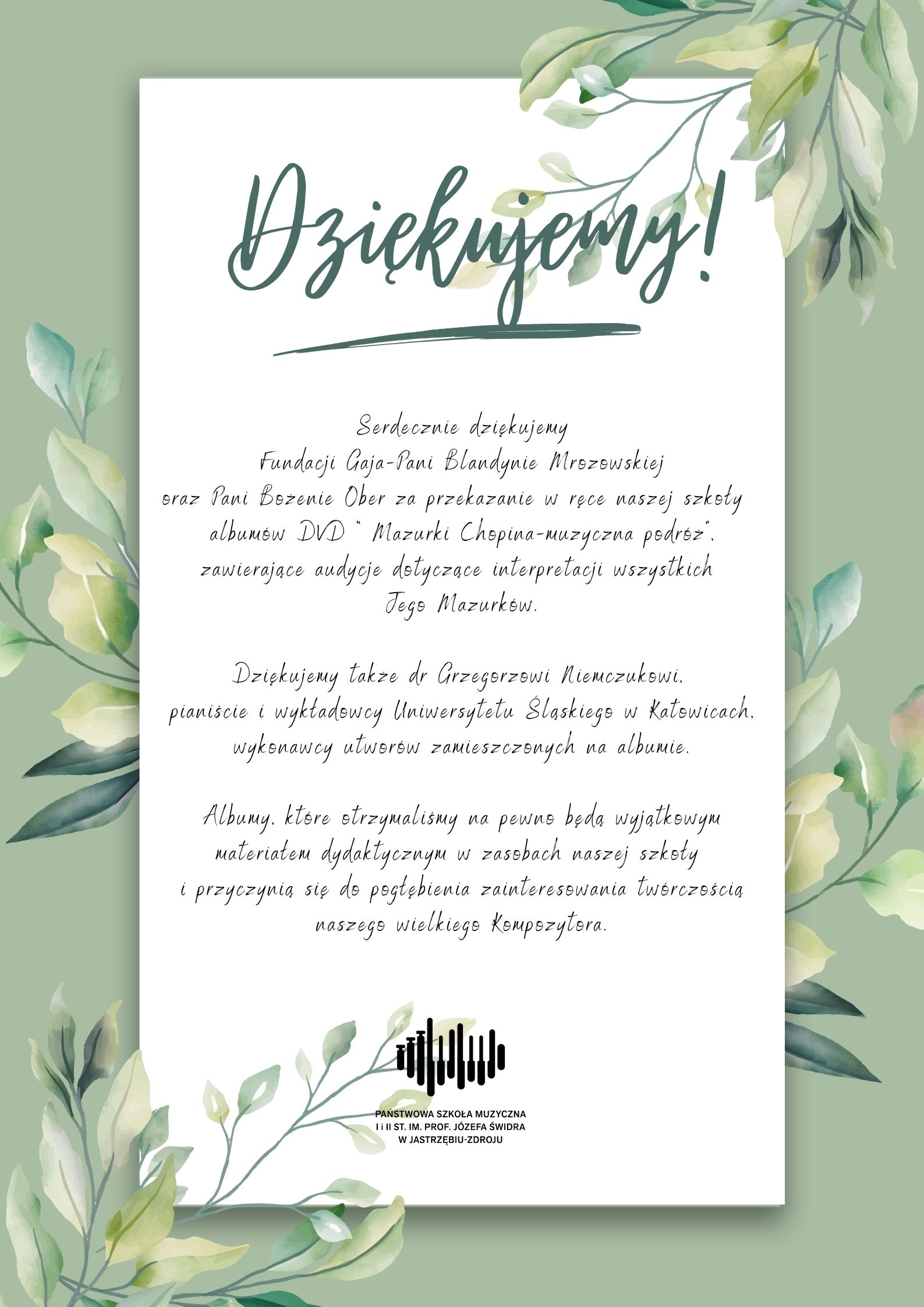 Plakat- podziękowanie dla fundacji Gaja