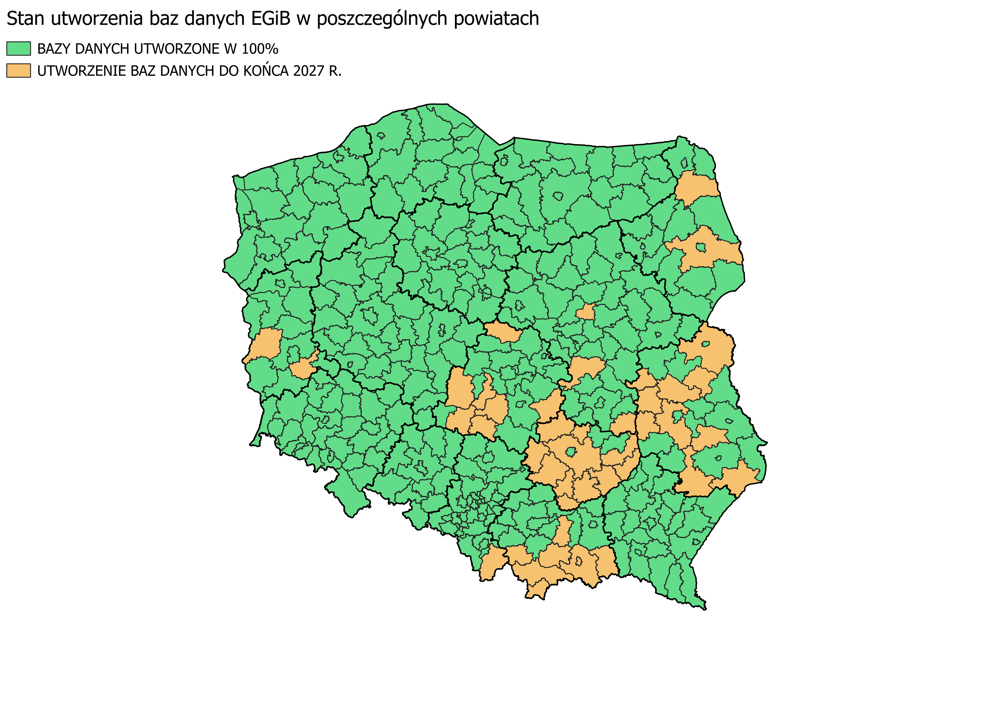 Ilustracja przedstawia mapę Polski obrazującą stan utworzenia baz danych EGIB w poszczególnych powiatach kraju.