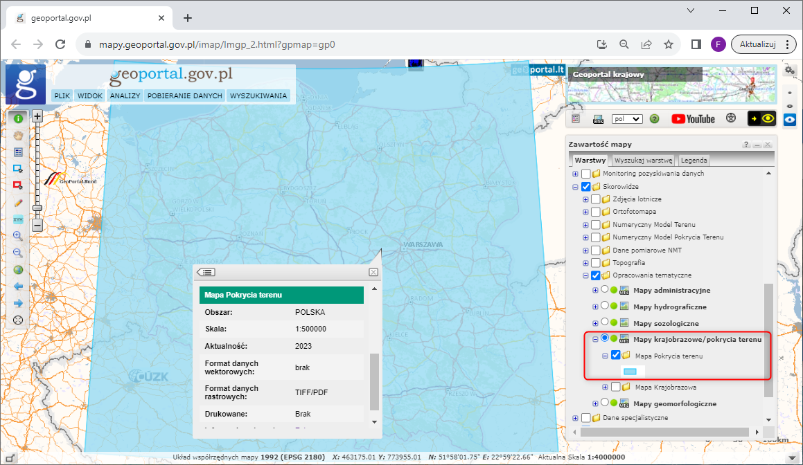 Ilustracja przedstawia zrzut ekranu z serwisu www.geoportal.gov.pl ze skorowidzem map pokrycia terenu 