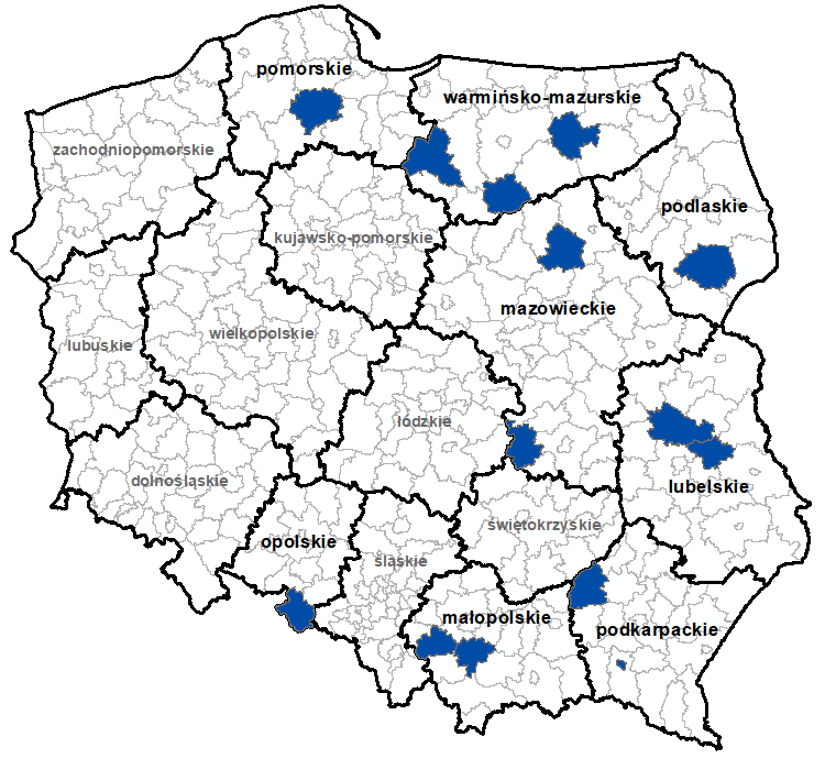 Ilustracja przedstawia obszary powiatów objętych aktualizacją zbiorów danych BDOT10k.