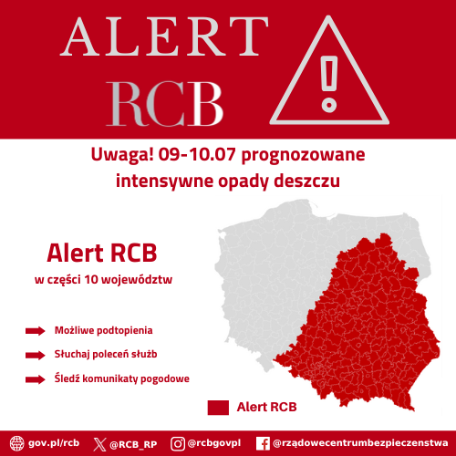 Alert RCB - 9 lipca. Kolorem czerwonym zaznaczony jest obszar alarmowania.
