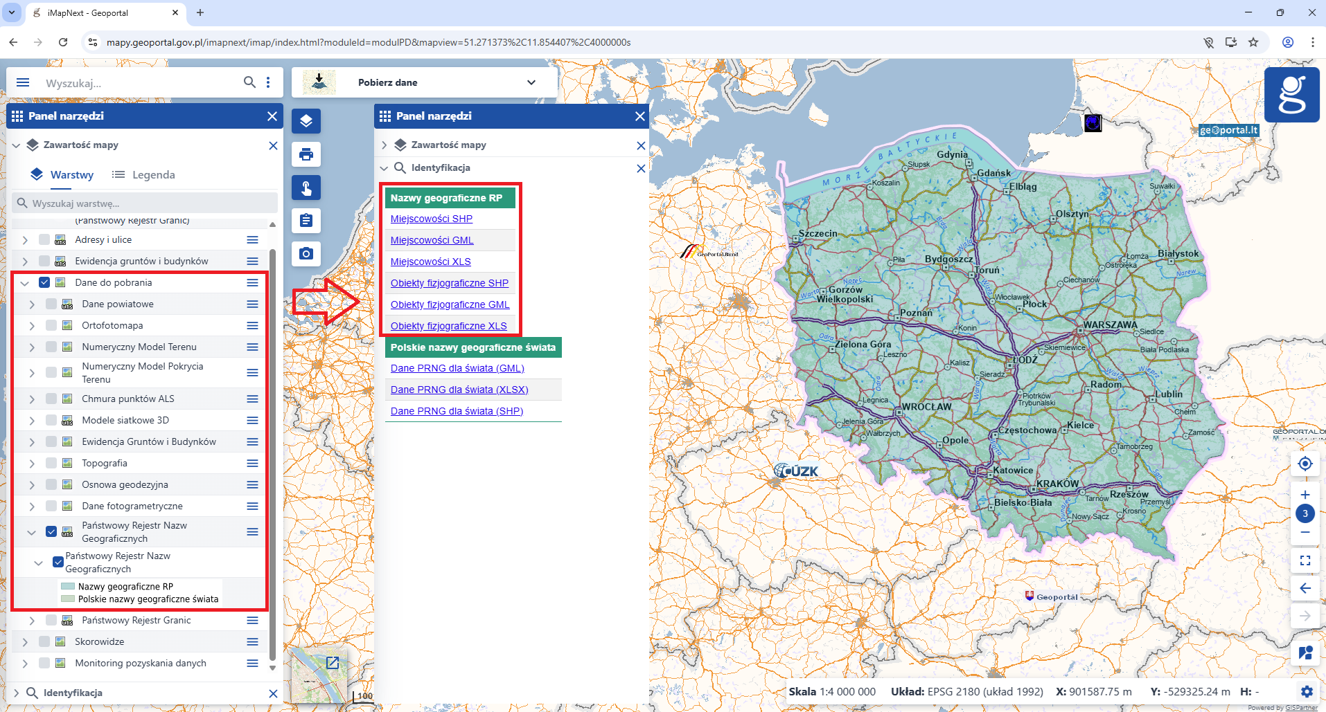 Ilustracja przedstawiająca zrzut ekranu z serwisu www.geoportal.gov.pl, moduł "Pobierz dane", z uruchomioną usługą pobierania danych dotyczących nazw geograficznych RP poprzez skorowidze.