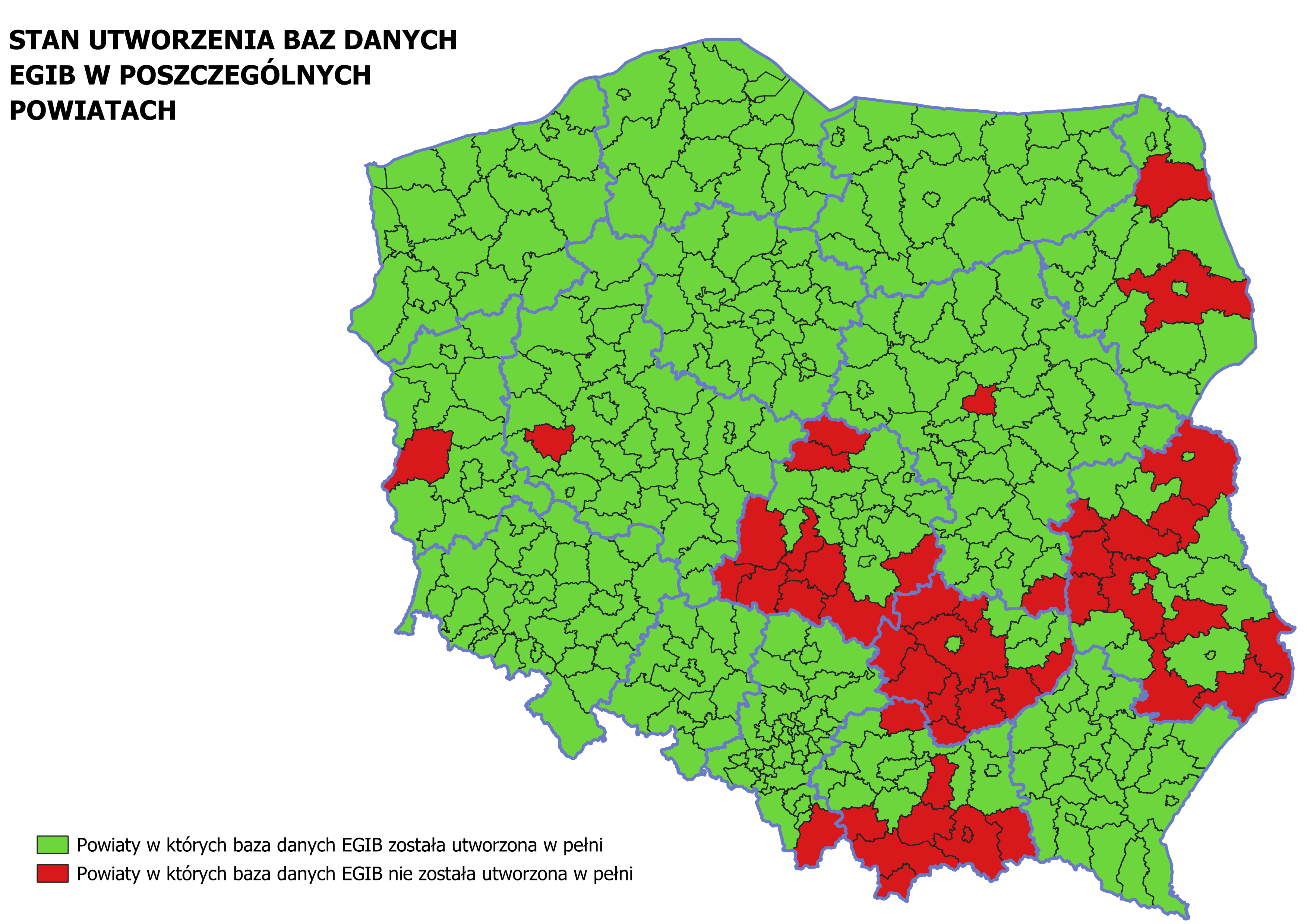 Ilustracja przedstawia mapę Polski obrazującą stan utworzenia baz danych EGIB w poszczególnych powiatach kraju. Na zielono zaznaczono powiaty w których baza danych EGIB jest utworzona w pełni, natomiast na czerwono zaznaczono powiaty, które nie utworzyły w pełni bazy EGIB.