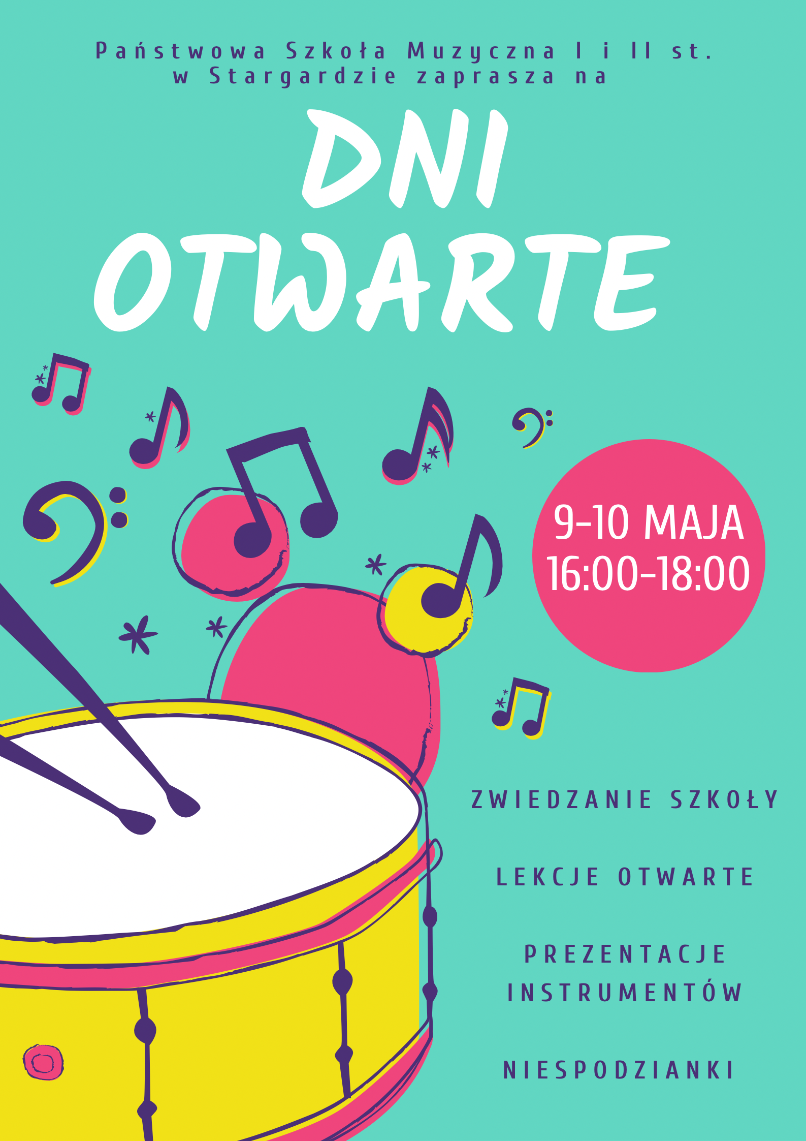 Plakat informujący o dniach otwartych szkoły w dniach 9 i 10 maja 2023 w godzinach od 16.00 do 18.00.