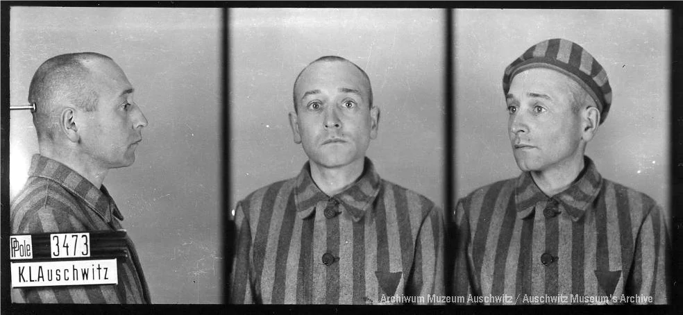 Zdjęcie z przodu oraz z profilu Kazimierza Jarosława Stanisława Rogalewicza , Auschwitz, ubrany w pasiasty strój z numerem 3473