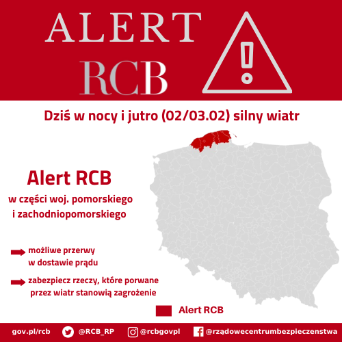 Alert RCB - silny wiatr, 2-3 lutego.
