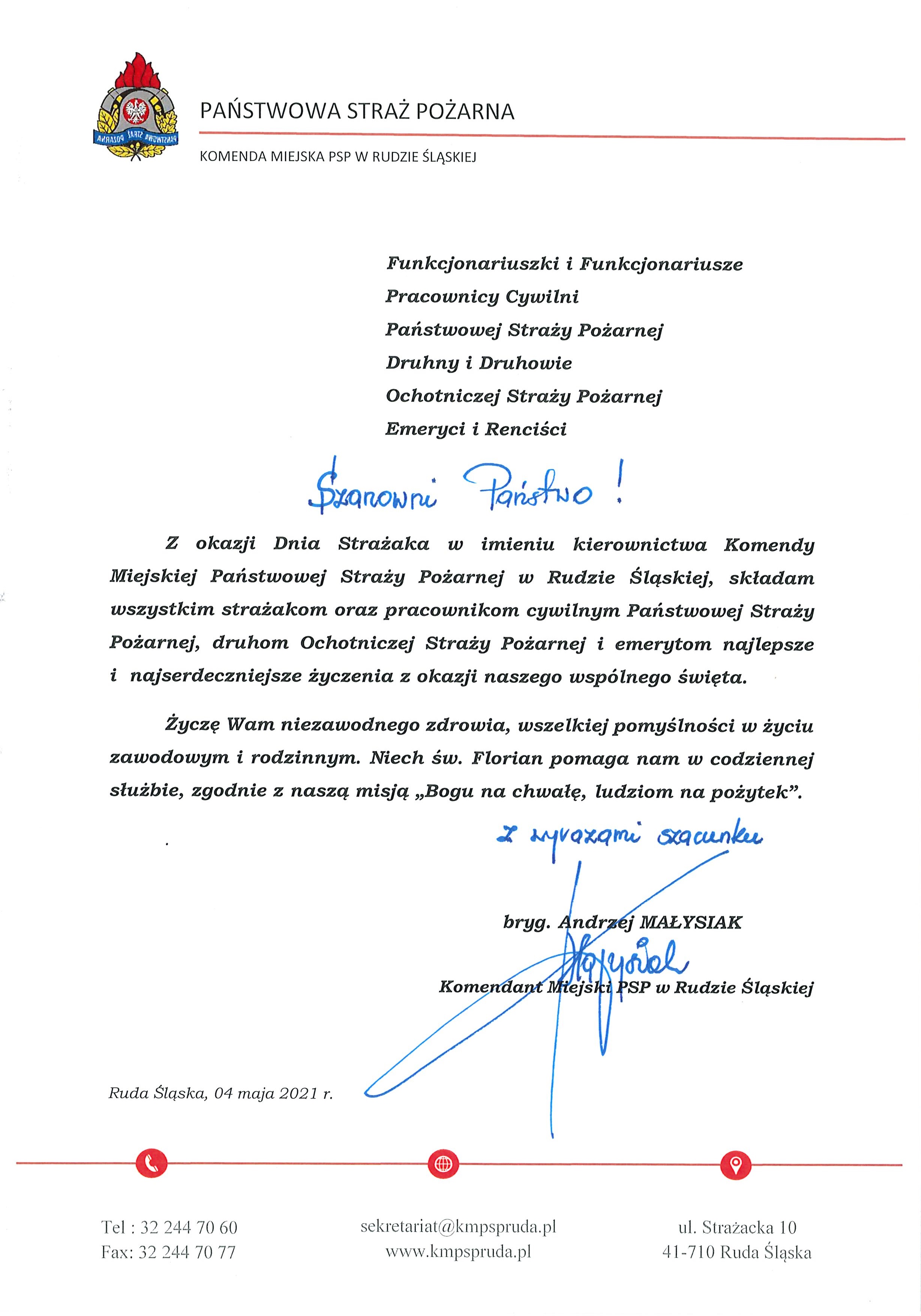 Życzenia z okazji Dnia Strażaka 