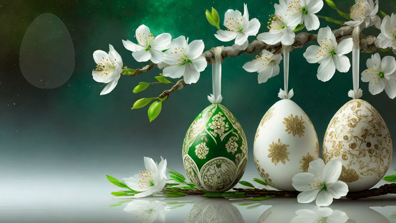 Na gałązce z białymi kwiatami wiszą trzy jajka: jedno zielono złote i dwa biało złote oraz napis: Wesołych Świąt Wielkanocnych życzą Dyrekcja i Pracownicy Regionalnej Dyrekcji Ochrony Środowiska w Bydgoszczy