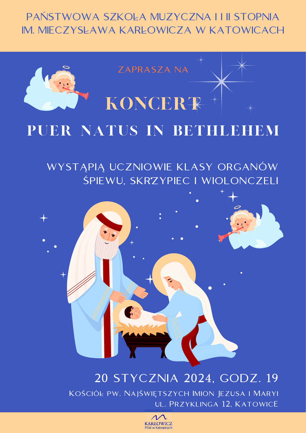 Zapraszamy na kolejny koncert bożonarodzeniowy. Wystąpią uczniowie i nauczyciele - instrumentaliści i wokaliści - Państwowej Szkoły Muzycznej im. Mieczysława Karłowicza w Katowicach. Wykonane zostaną utwory organowe i wokalno - instrumentalne, inspirowane Bożym Narodzeniem. Zabrzmi m. in. muzyka Dietericha Buxtehudego, Aleksandra Guilmanta, Juliana Gembalskiego i Władysława Żeleńskiego. Serdecznie zapraszamy. Sobota 20 grudnia 19.00 – kościół Najświętszych Imion Jezusa i Maryi w Katowicach Brynowie, ul. Nasypowa.