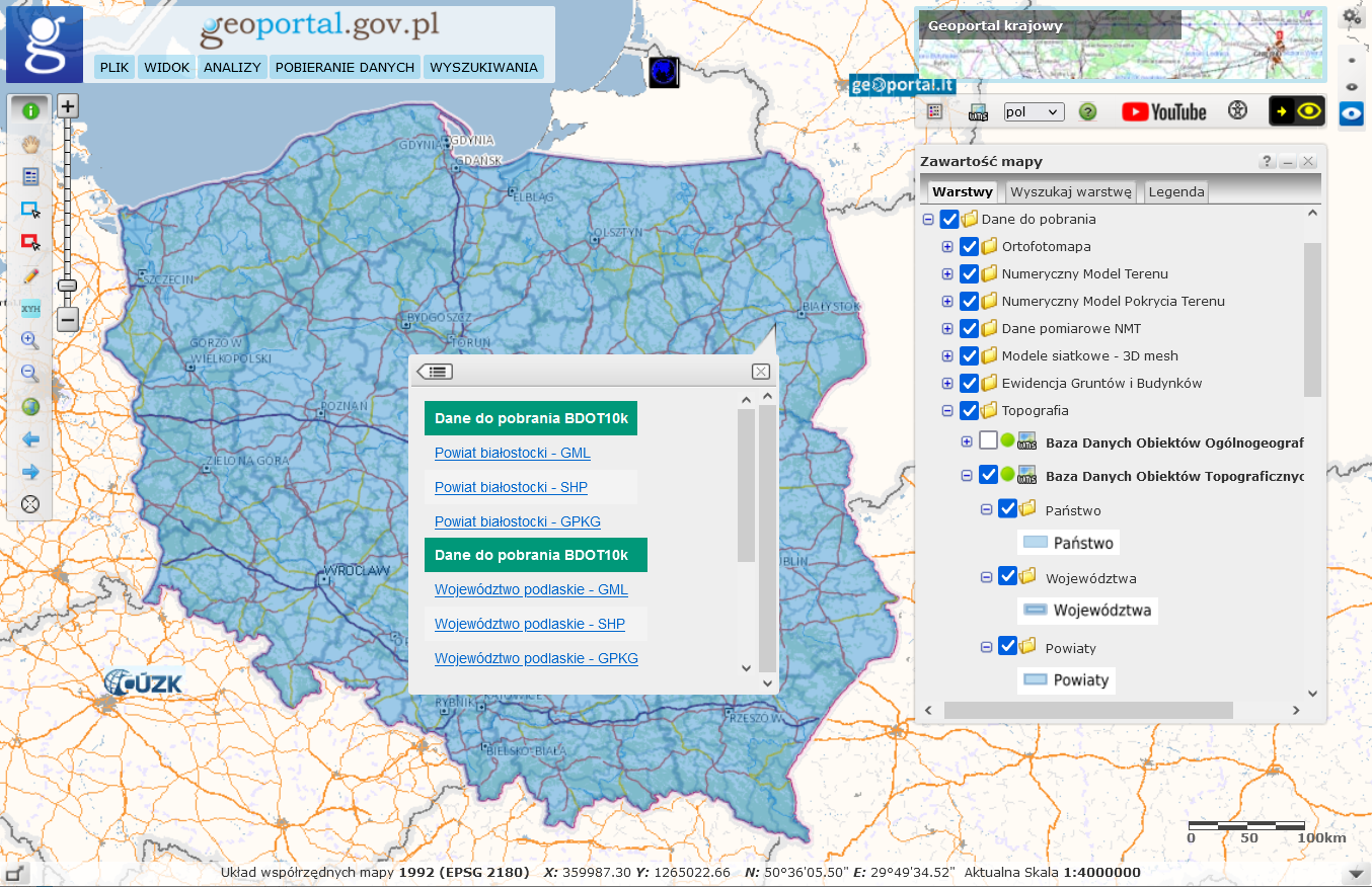 Ilustracja przedstawia sposób pobierania danych z portalu geoportal.gov.pl