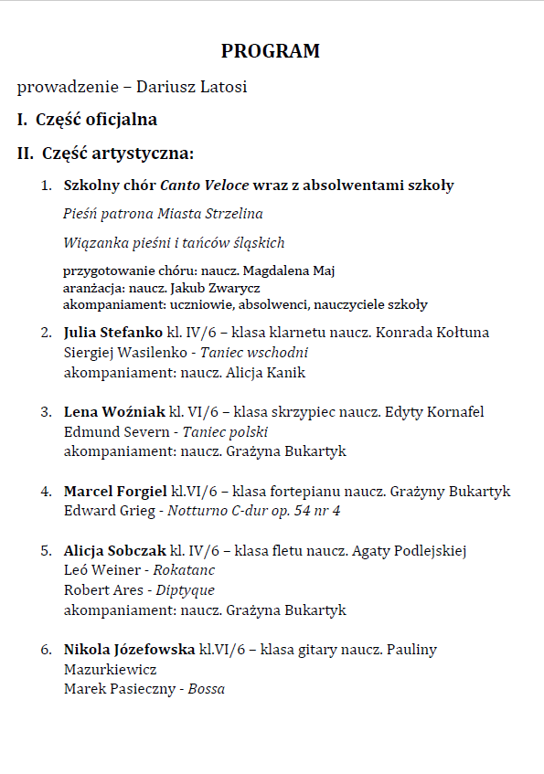 Zdjęcie przedstawia program Koncertu z okazji Jubileuszu Szkoły