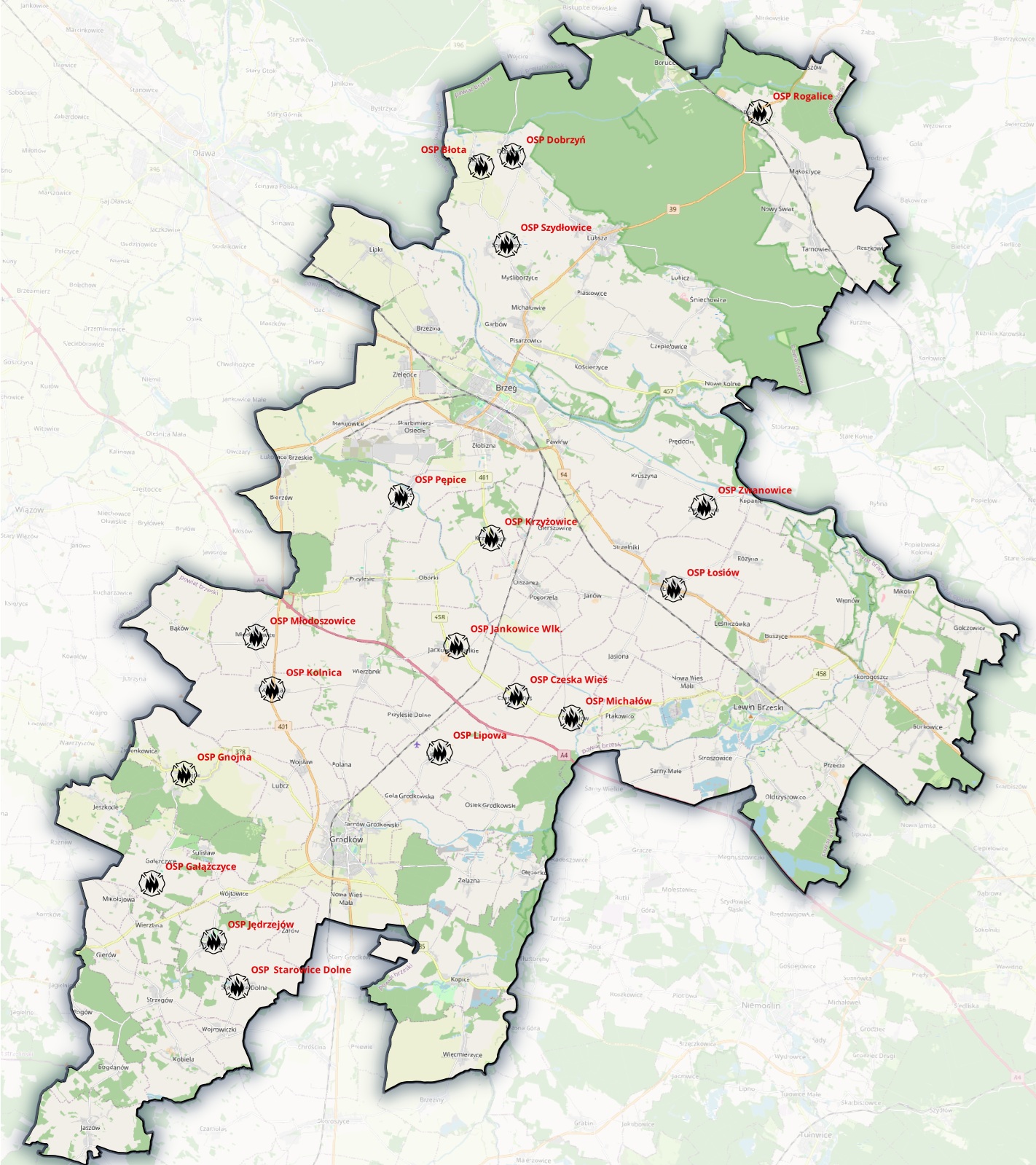 Zdjęcie przedstawia mapę jednostek Ochotniczych Straży Pożarnych niewłączonych do Krajowego Systemu Ratowniczo-Gaśniczego na terenie powiatu brzeskiego (woj. opolskie).