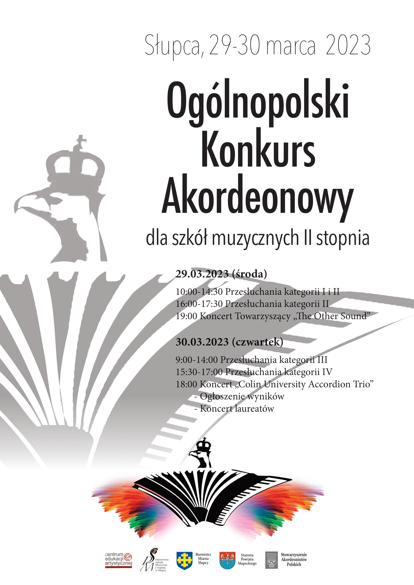 informacje o konkursie akordeonowym, grafika orła ze skrzydłami utworzonymi z otwartego miecha akordeonu, na dole logo sponsorów, całość na białym tle