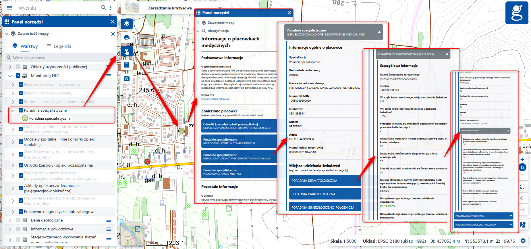 Ilustracja przedstawia dane z warstwy "Poradnie specjalistyczne"