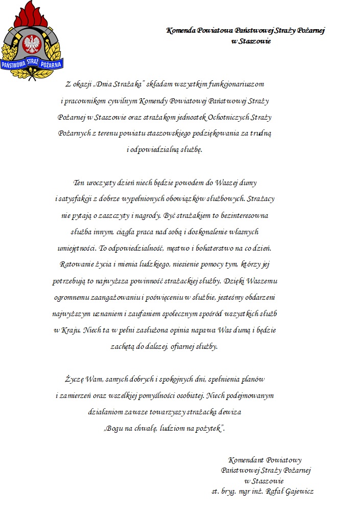 Życzenia Komendanta Powiatowego PSP