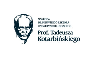 Po lewej stronie konturowy obrazek głowy człowieka, po prawo napisy "Nagroda im. pierwszego rektora Uniwersytetu Łódzkiego Prof. Tadeusza Kotarbińskiego"