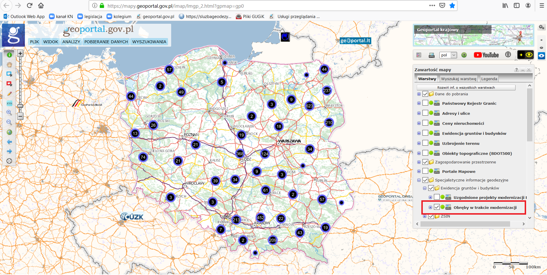 Ilustracja przedstawia zrzut ekranu z serwisu www.geoportal.gov.pl prezentujący warstwę „Obręby w trakcie modernizacji”.