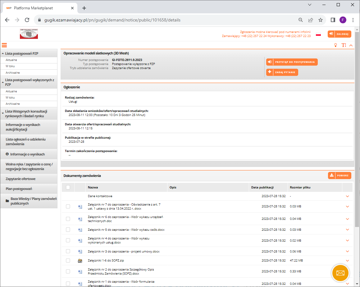 zrzut ekranu z platformy e-zamawiający z opublikowanym postępowaniem