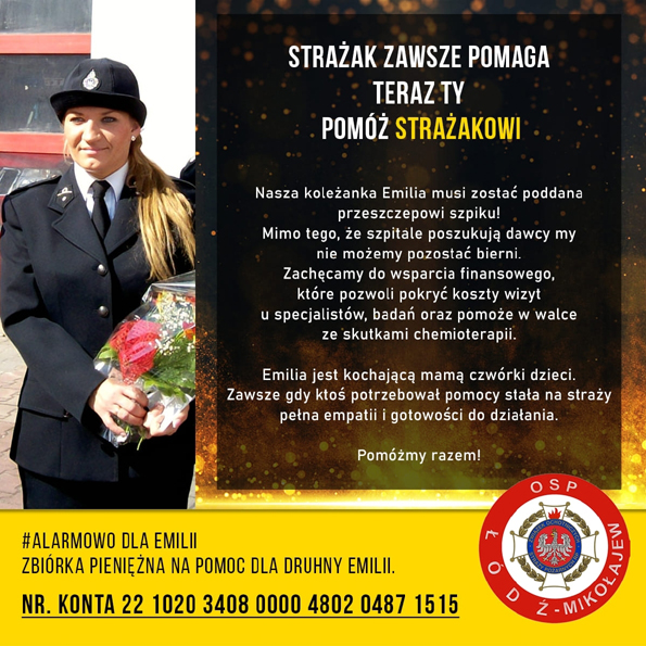 Plakat z informacjami dot. pomocy druhnie z OSP Łódź-Mikołajew.