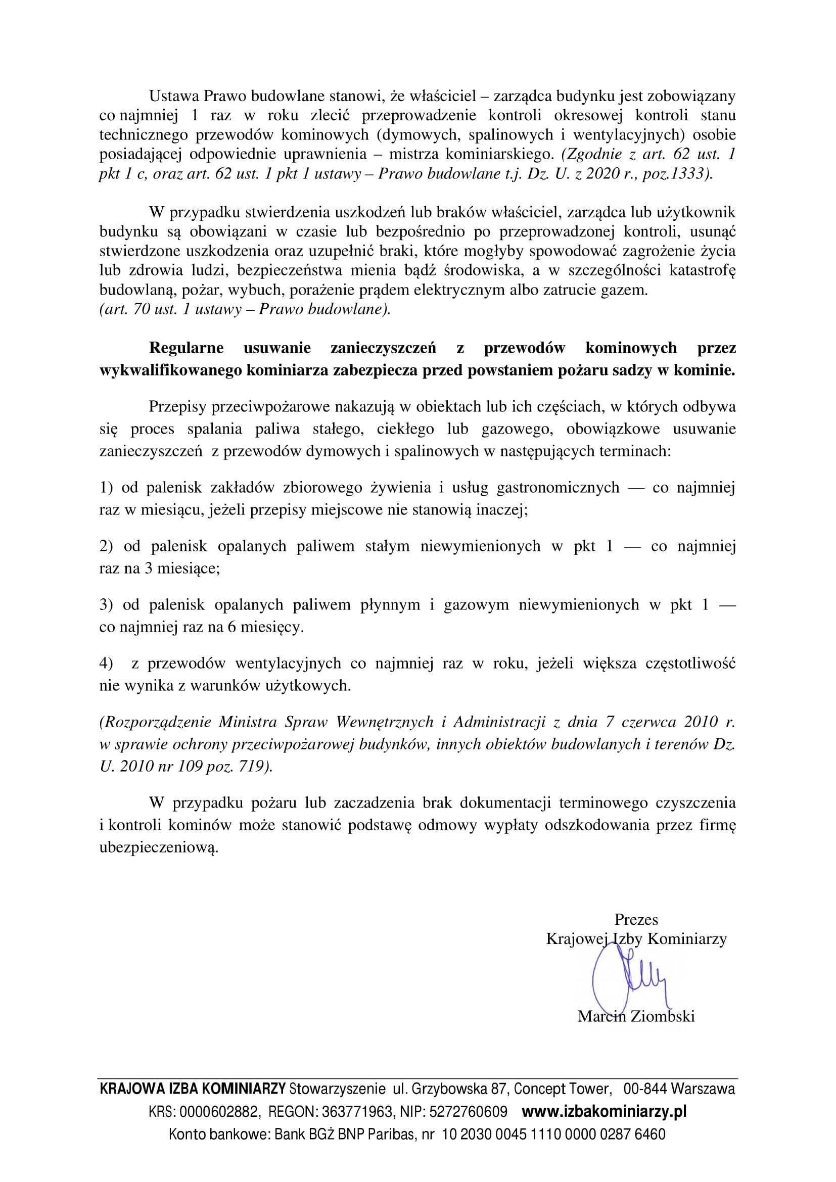 Komunikat Prezesa Krajowej Izby Kominiarzy