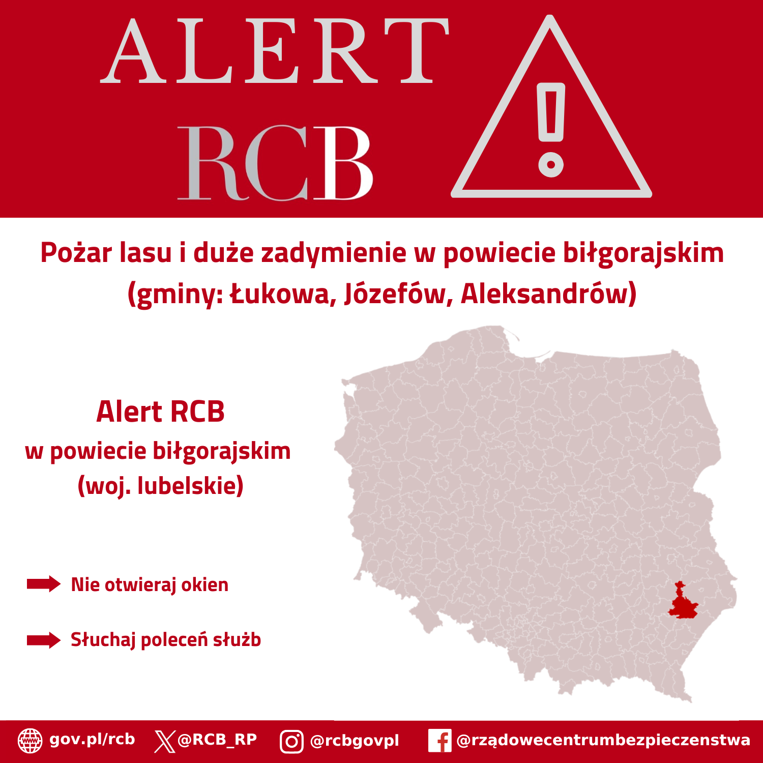 Grafika dot. alertu rcb w związku z pożarem lasu w powiecie biłgorajskim