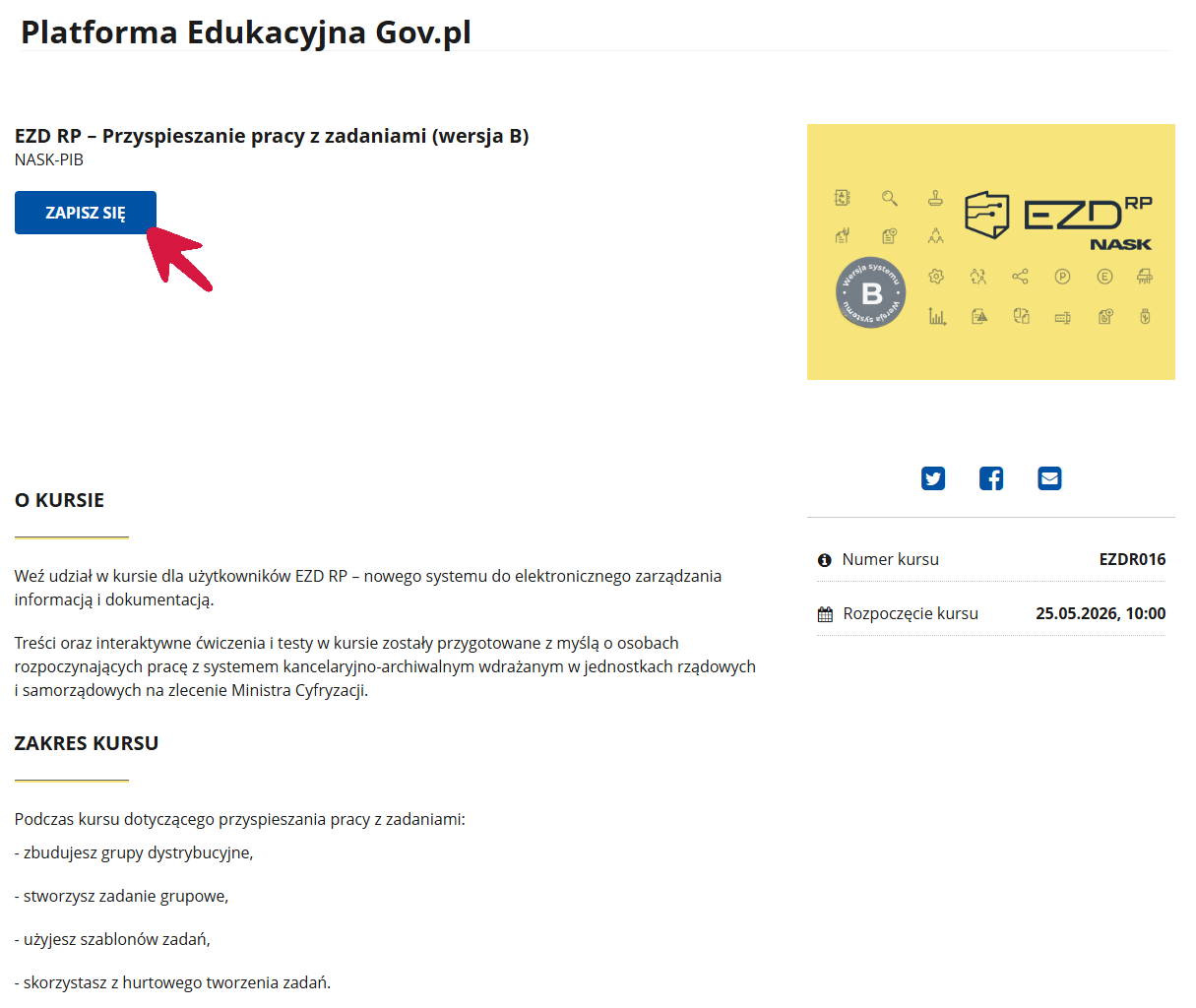 Strona główna kursu „EZD RP – Przyspieszanie pracy z zadaniami (wersja B)”.