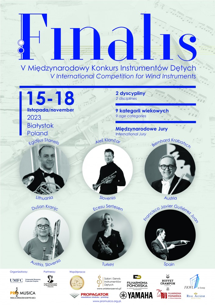 Na jasnym tle z motywami muzycznymi napis Finalis oraz V Międzynarodowy Konkurs Instrumentów Dętych, V International Competition for Wind Instruments. Poniżej data i miejsce konkursu, niżej miniatury zdjęć jurorów. Na dole loga sponsorów. 