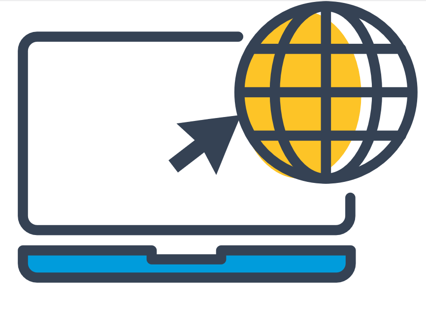 Praca zdalna: otwarty laptop z globusem w prawym górnym rogu ikony do którego prowadzi strzałka usytuowana na środku ekranu laptopa