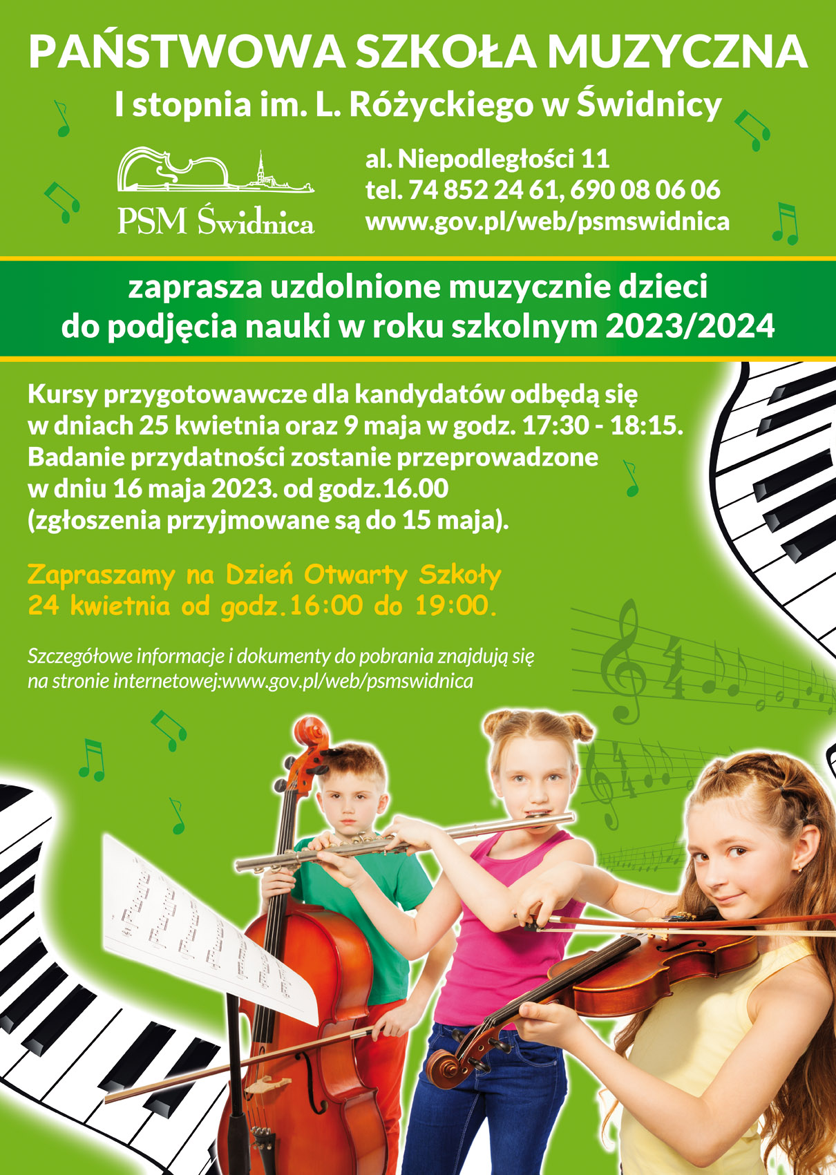 Zdjęcie przedstawia w dolnej części dzieci grające na instrumentach muzycznych : skrzypcach , flecie i wiolonczeli. Dzieci stoją przy pulpicie z nutami. Wszystko przestawione jest na jasnozielonym tle na którym widnieją o górnej części napisy w kolorze białym informujące o zapisach do szkoły muzycznej. W dolnej lewej części plakatu znajduje się fragment klawiatury fortepianowej w kształcie wstęgi.