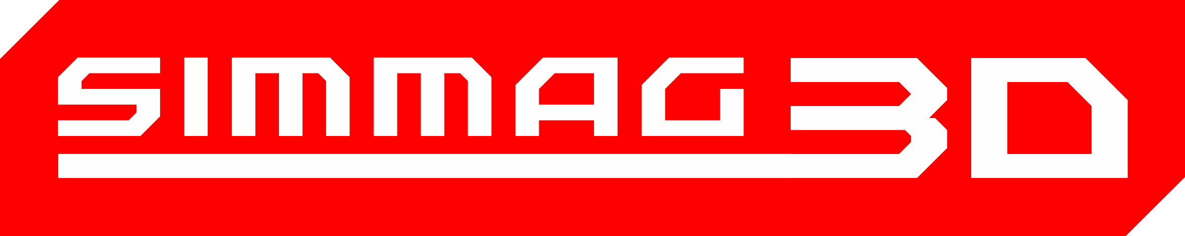 Logotyp systemu SIMMAG3D. Na czerwonym poziomym tle ze ściętymi dwoma rogami biały napis SIMMAG3D wyrażony geometrycznym krojem czcionki