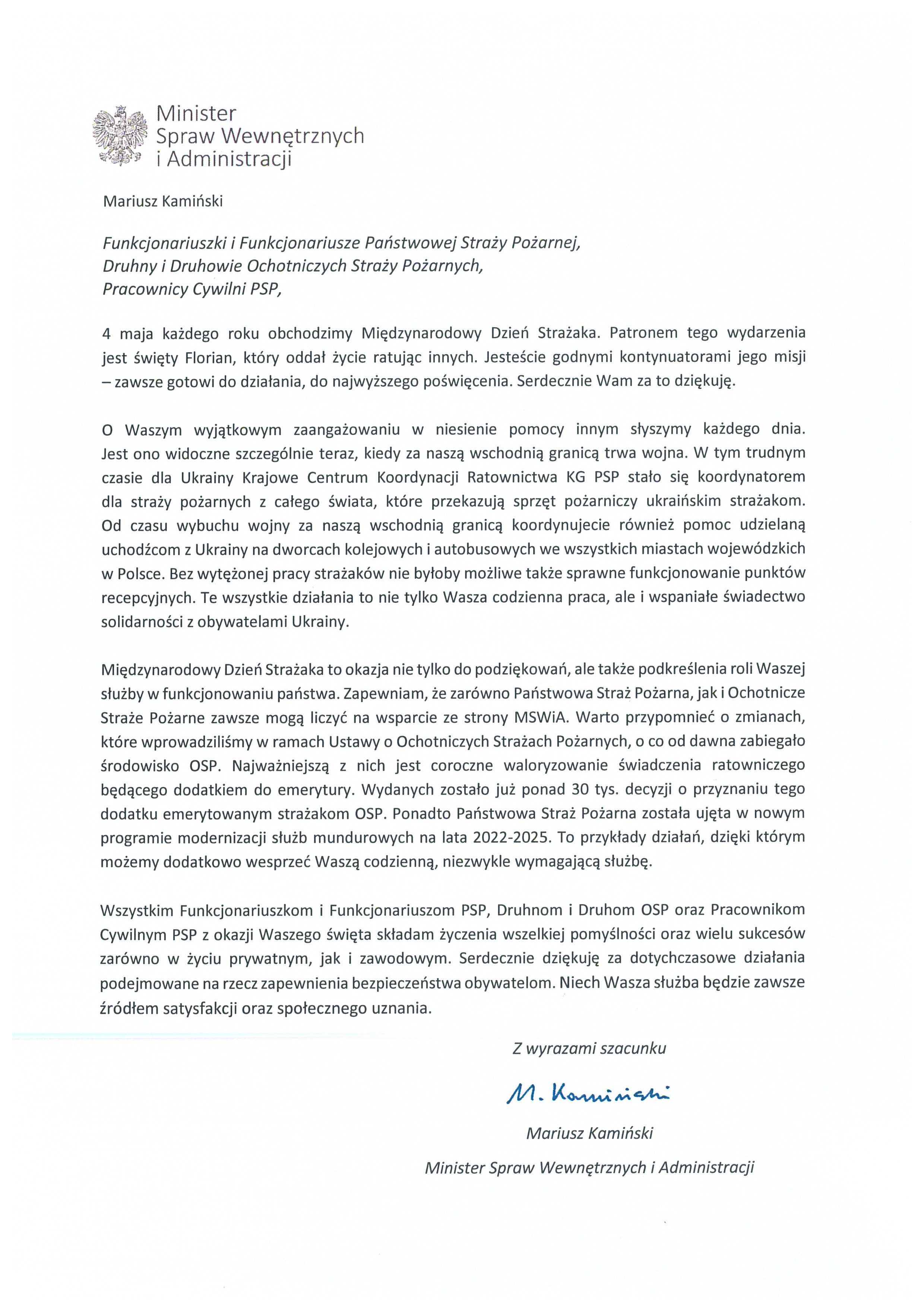 Życzenia Ministra Spraw Wewnętrznych i Administracji z okazji Dnia Strażaka