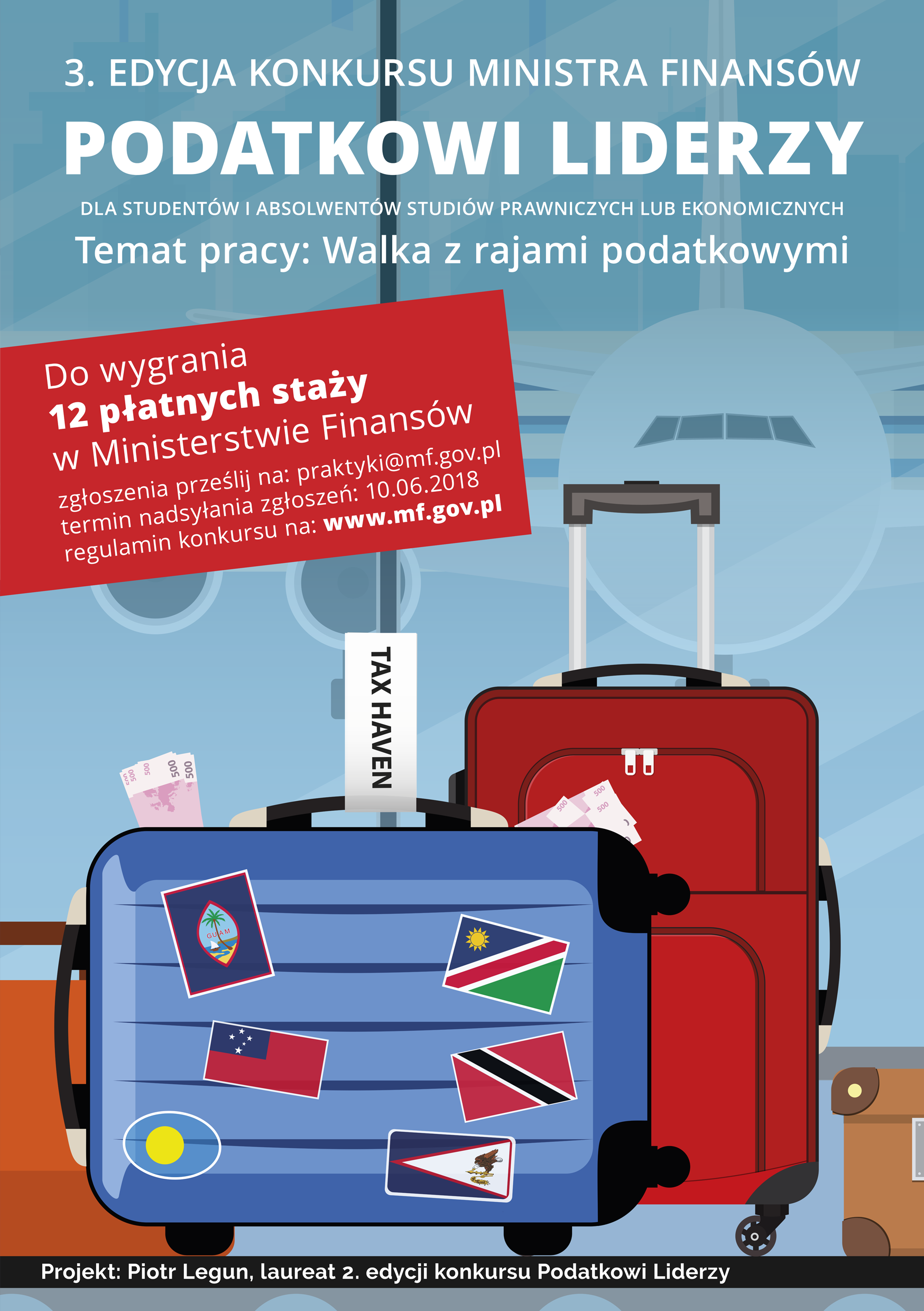 Plakat konkursowy z podstawowymi informacjami, grafika: dwie walizki, jedna oklejona flagami różnych państw