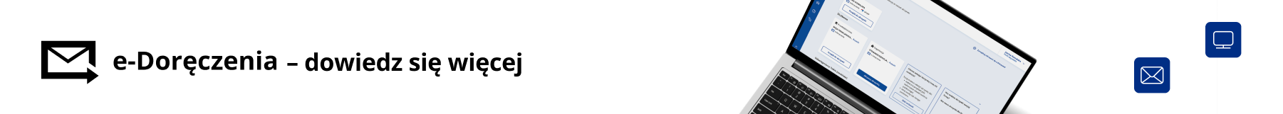 Banner e-Doręczenia, na białym tle laptop i napis e-Doręczenia - dowiedz się więcej